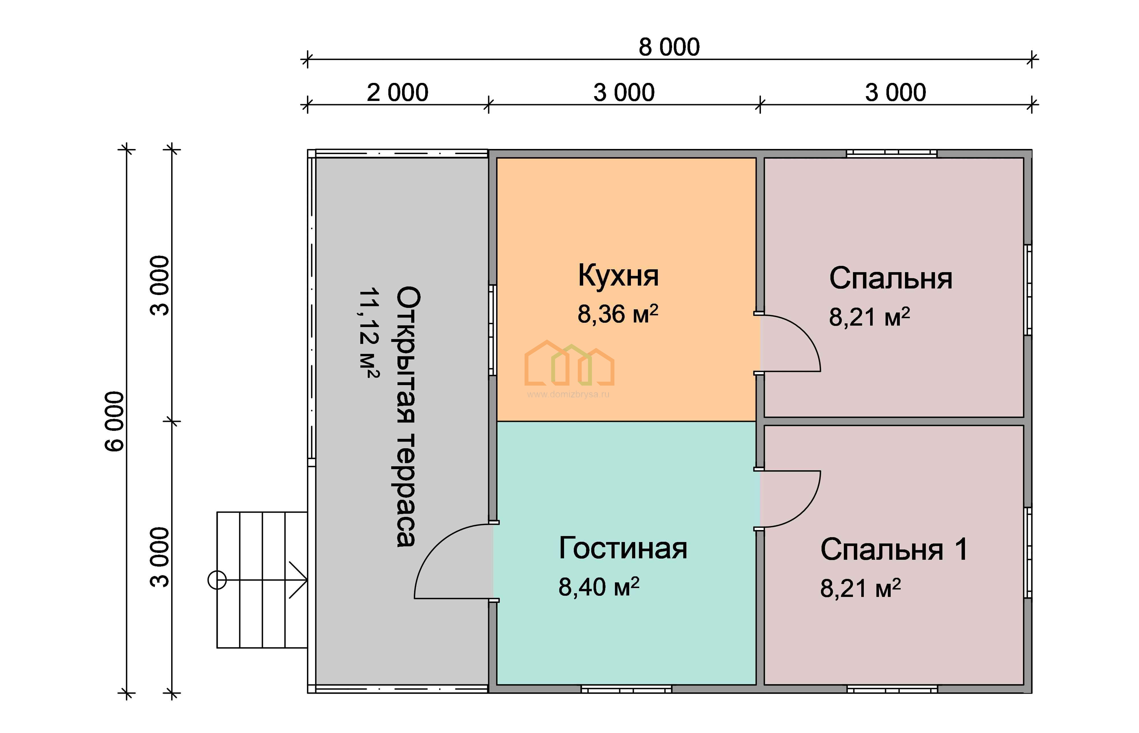 Дом из бруса одноэтажный 6х8 купить в Великом Новгороде цена 916000,  площадь: 48 м2, Брус 90х140 мм. с террасой